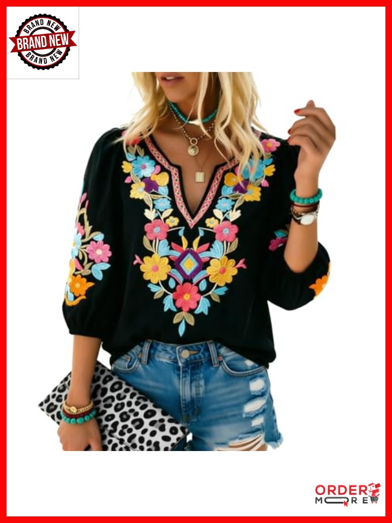 Mexican Embroidered Boho Peasant Tunic Top With Belt
